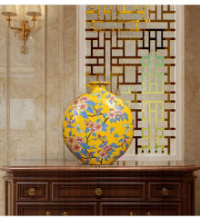 新中式古典现代手绘陶瓷摆件扁黄色花瓶博古架玄关插花禅意装饰品