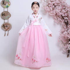 女童韩服朝鲜儿童韩服少数民族风韩国刺绣花表演出舞台蹈服装 白+粉 