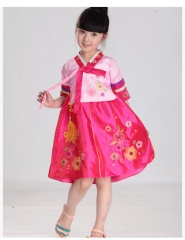 儿童表演服女童民族朝鲜族服装少儿舞台服演出服女童韩服舞蹈服 上粉下玫红色 100