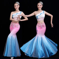 傣族舞蹈服装成人女新款修身鱼尾裙渐变民族孔雀舞演出服艺考套装 蓝色 XS