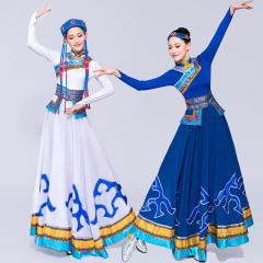 新款蒙古族演出服女装鸿雁舞蹈服装蒙古袍成人少数民族表演服天边 白色 S